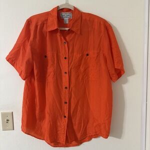 Leena Studio Orange Silk Short Sleeve Button Down Blouse Women's Size Medium